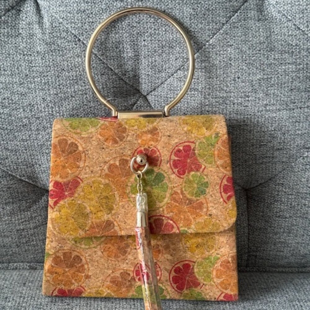 Savanna Fruit Cork Boho / Bohemian Spring Cork Bag / Purse Tan/ Orange and Green
